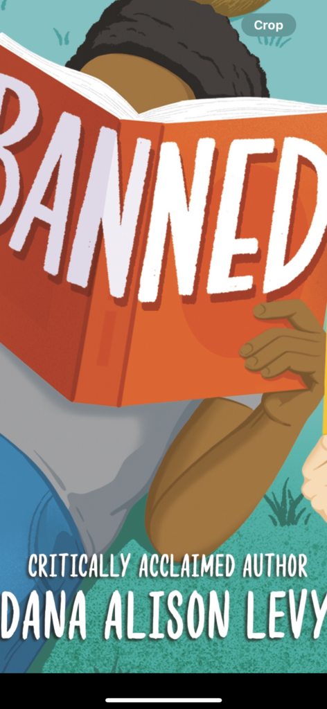 snippet of a book cover that shows a kid reading with the book covering his face, the cover of the book says BANNED in big letters. Also shows the words "critically acclaimed author Dana Alison Levy"